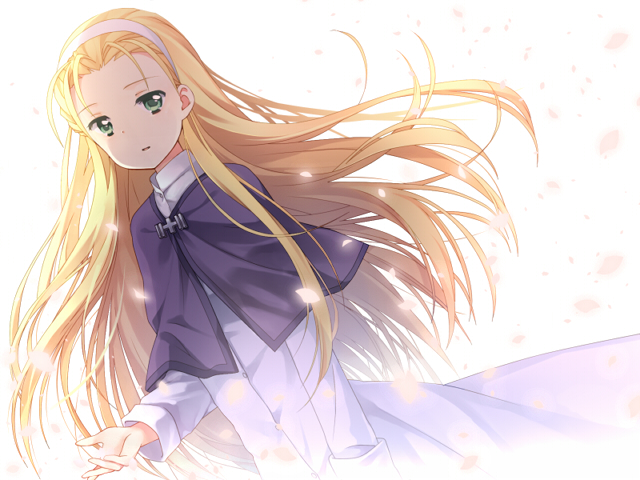 1girl, blonde_hair, capelet, dress, green_eyes, kanuma_youko, long_hair, moon_(game), purple_capelet, satou_aoi, solo, swept_bangs, white_dress
