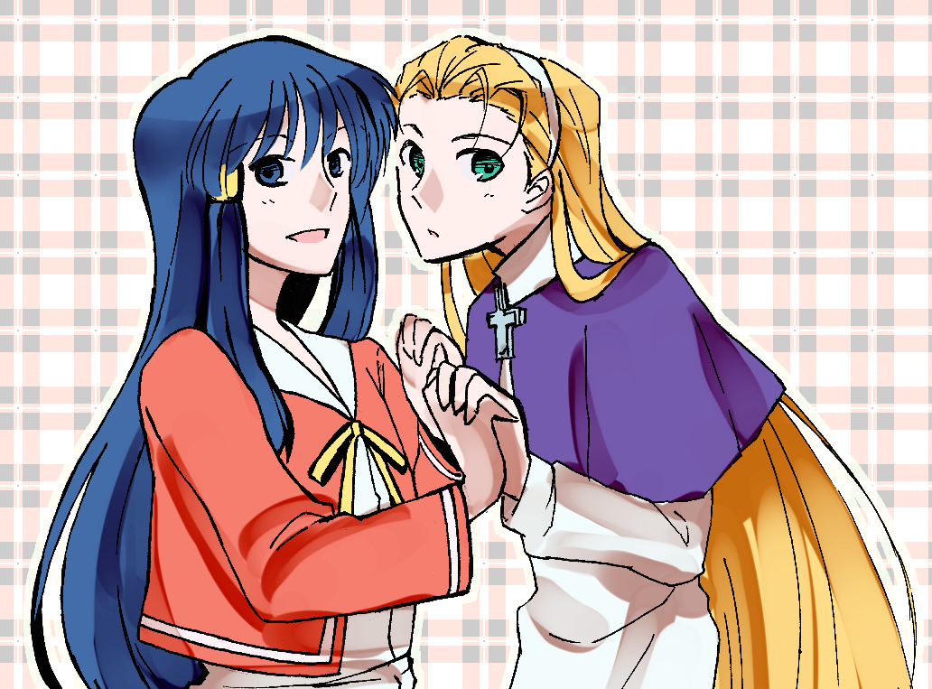 201_(yield), 2girls, amasawa_ikumi, blonde_hair, blue_eyes, blue_hair, capelet, dress