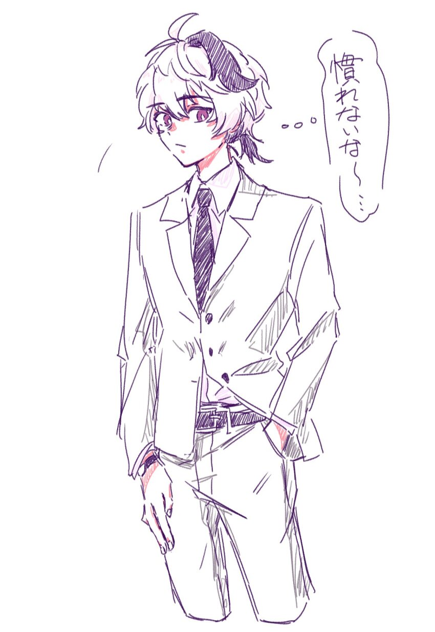 1girl, ahoge, alternate_costume, alternate_hairstyle, androgynous, belt, black_hair, commentary, flower_(vocaloid), flower_(vocaloid4), formal_clothes, hand_in_pocket, highres, low_ponytail, multicolored_hair, natsuki_akino, necktie, pants, ponytail, purple_eyes, short_hair, speech_bubble, streaked_hair, suit, thought_bubble, tomboy, two-tone_hair, vocaloid, watch, white_background, white_hair, white_pants, white_suit, wristwatch