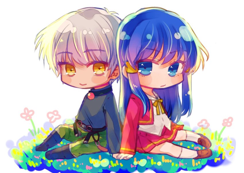 1boy, 1girl, amasawa_ikumi, black_sweater, blue_eyes, blue_hair, boy_(moon), chibi
