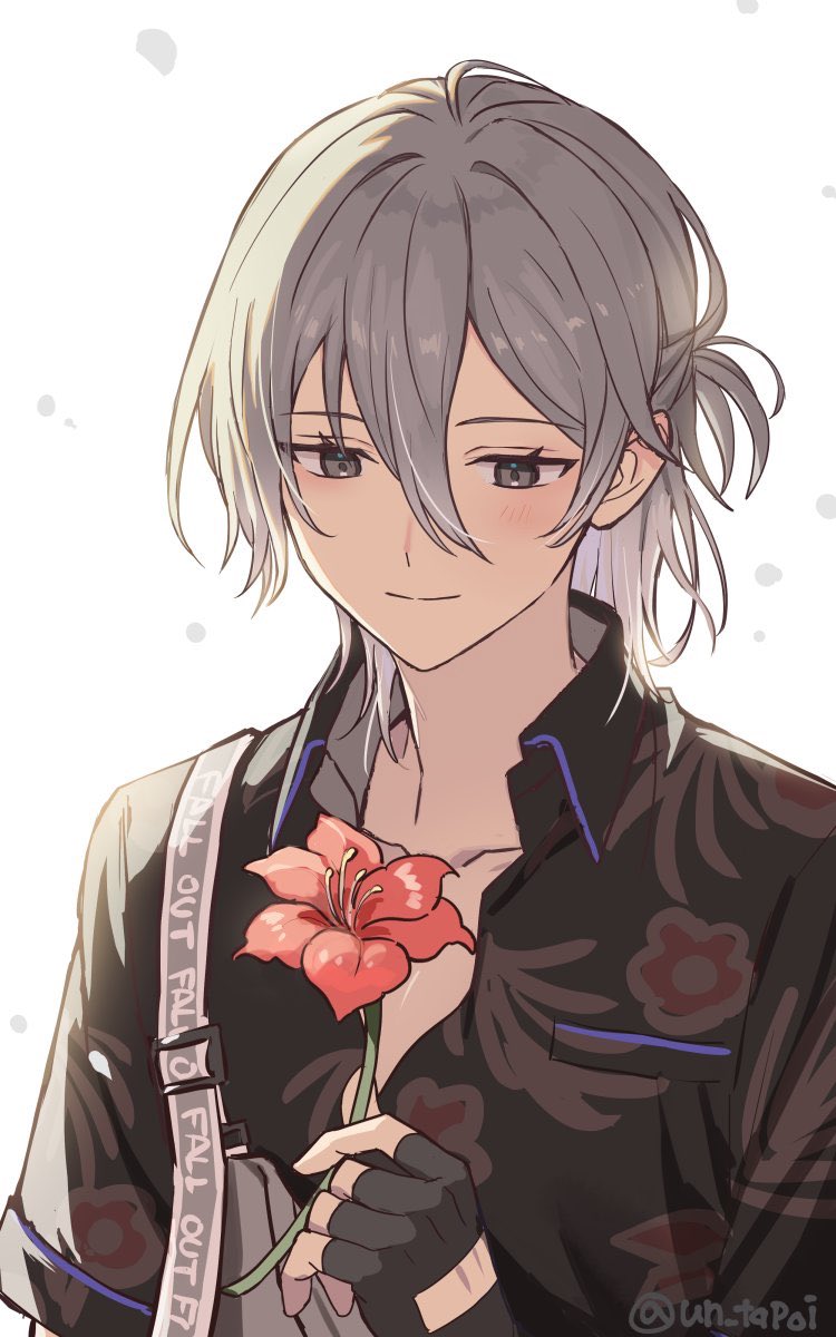 18trip, 1boy, bag, black_shirt, closed_mouth, floral_print, floral_print_shirt, flower