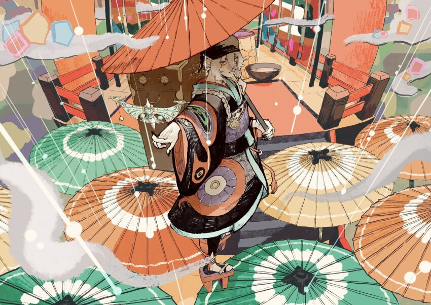 1boy, bandana, black_bandana, black_leggings, blonde_hair, box, box_on_back, charm_(object), closed_mouth, commentary, eshino_makiya00, eyeliner, eyeshadow, facial_mark, gekijouban_mononoke, hair_between_eyes, highres, holding, holding_umbrella, index_finger_raised, japanese_clothes, kimono, kusuriuri_(mononoke), leggings, looking_at_viewer, lying, makeup, male_focus, mononoke, multicolored_kimono, obi, on_back, outstretched_arm, patterned_clothing, pointing, pointy_ears, profile, purple_eyeshadow, red_eyeliner, sandals, sash, shoes, solo, tassel, umbrella, under_umbrella, wide_sleeves