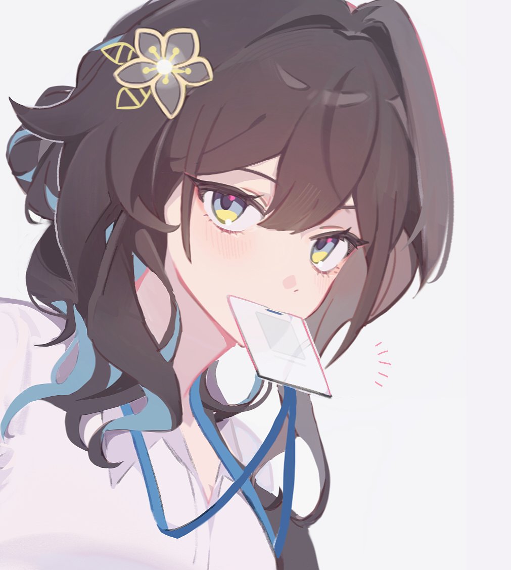 1girl, alternate_costume, aqua_hair, brown_hair, card, card_in_mouth, collared_shirt, conwoll511