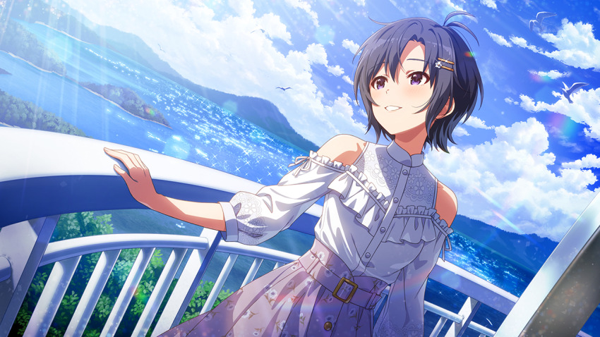 1girl, belt, bird, black_hair, blue_eyes, cloud, floral_print, floral_print_skirt, game_cg, hair_ornament, hairclip, idolmaster, idolmaster_million_live!, idolmaster_million_live!_theater_days, kikuchi_makoto, kikuchi_makoto_(private_dress), official_art, print_skirt, private_dress_(idolmaster_million_live!), railing, skirt, smile, teeth, water