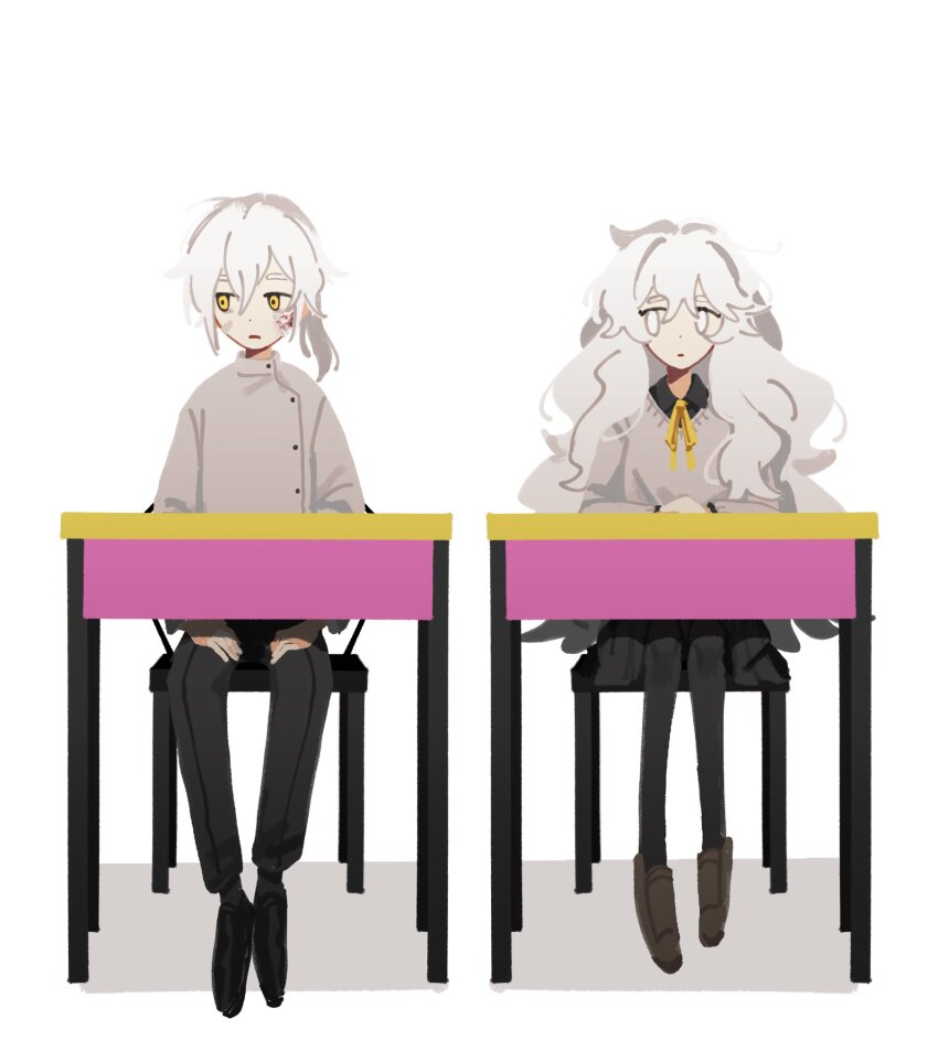 1boy, 1girl, alternate_costume, black_footwear, black_pants, black_pantyhose, black_shirt, black_skirt, blood, blood_on_cheek, blood_on_face, brown_footwear, buttons, charles_eyler, charlotte_wiltshire, closed_mouth, collared_shirt, desk, dot_nose, expressionless, gakuran, hashtag-only_commentary, hello_charlotte, highres, long_hair, long_sleeves, looking_at_viewer, looking_to_the_side, nabob, pants, pantyhose, ribbon, school_desk, school_uniform, shirt, side_ponytail, simple_background, sitting, skirt, solo, sweater, white_background, white_eyes, white_gakuran, white_hair, white_sweater, yellow_eyes, yellow_ribbon