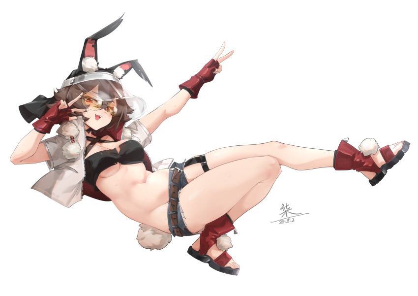 1girl, absurdres, animal_ears, arknights, arm_up, bandeau, belt, black_bandeau