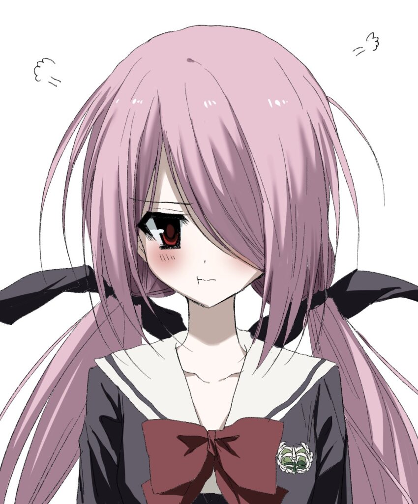 1girl, :t, black_ribbon, black_shirt, blush, bow, chaos;child, closed_mouth