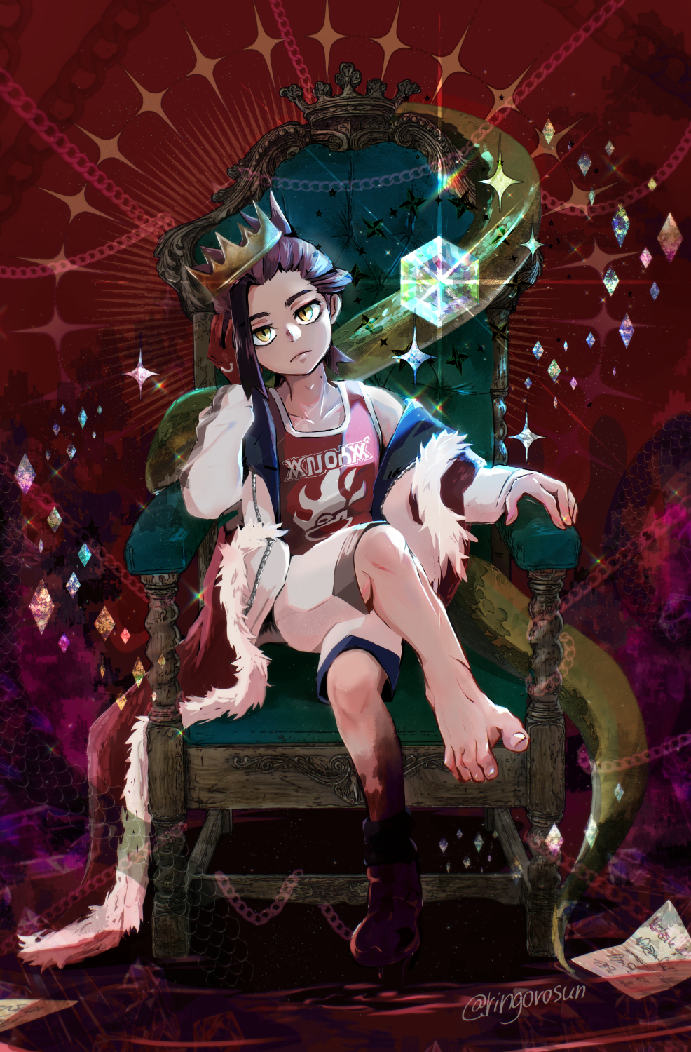 1boy, barefoot, black_hair, cape, closed_mouth, collarbone, commentary_request, crown, feet, fur-trimmed_cape, fur_trim, highres, jacket, kieran_(pokemon), knees, looking_at_viewer, male_focus, mole, mole_on_neck, multicolored_hair, nintendo, on_throne, open_clothes, open_jacket, pokemon, pokemon_scarlet_and_violet, presenting_foot, purple_hair, red_cape, red_shirt, ringorowasabi, shirt, shorts, sitting, solo, sparkle, throne, toes, two-tone_hair, white_jacket, white_shorts, yellow_eyes, zipper