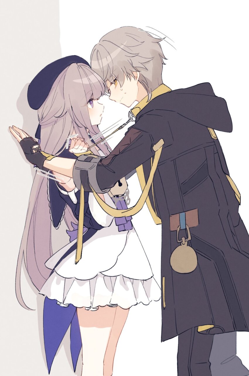 1boy, 1girl, black_coat, black_gloves, black_hat, black_jacket, caelus_(honkai:_star_rail), coat