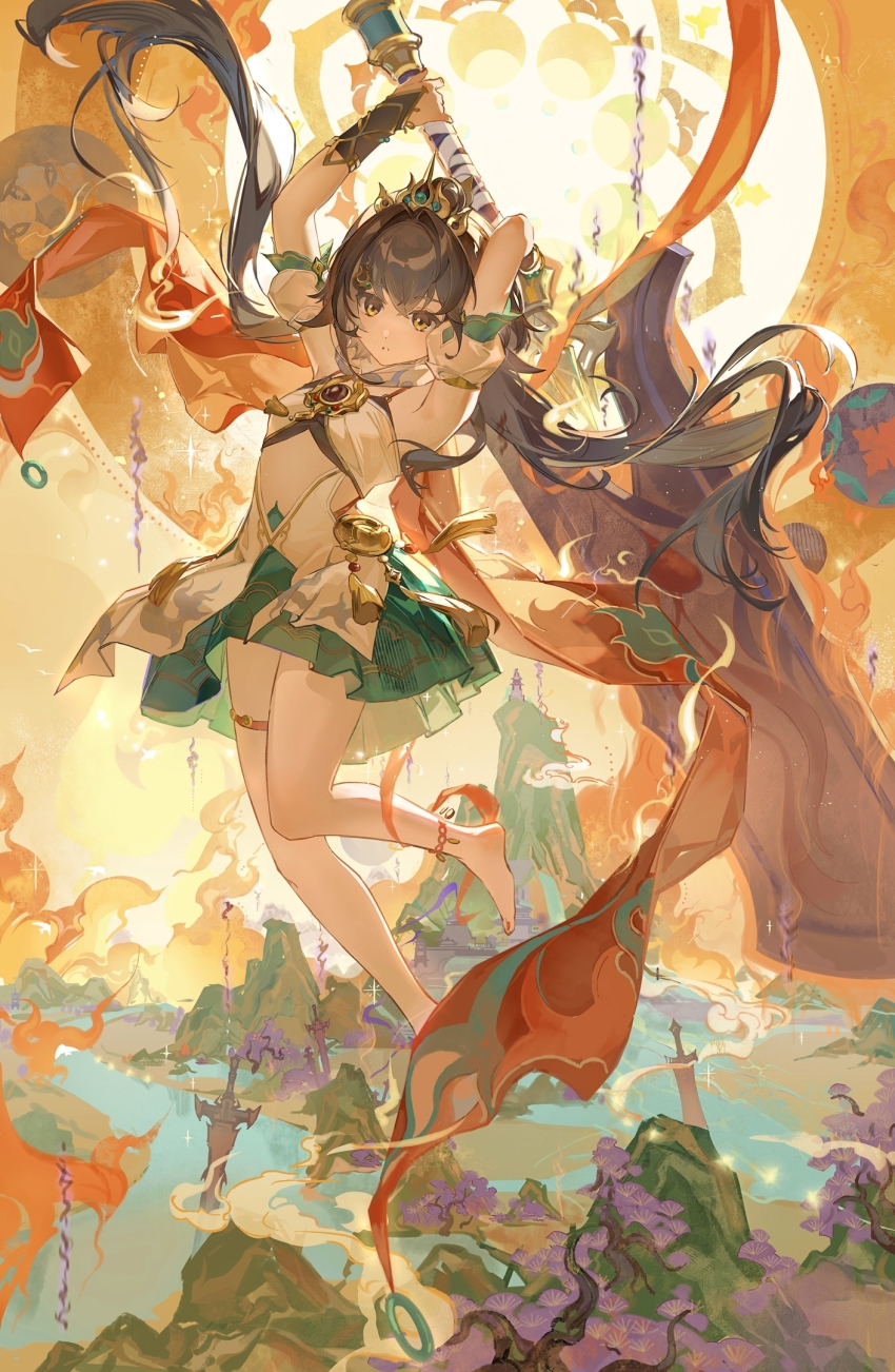 1girl, anklet, armpits, arms_up, bare_legs, barefoot, bra, bridal_gauntlets