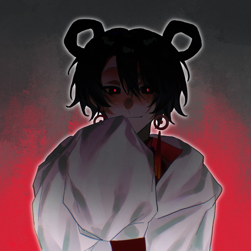 1girl, black_eyes, black_hair, chinese_commentary, closed_mouth, commentary_request, earrings, gudiao, hair_between_eyes, hair_rings, highres, hood, hood_down, hooded_jacket, jacket, jewelry, li_yuting_(female), long_sleeves, looking_at_viewer, mole, mole_under_each_eye, mole_under_eye, multiple_moles, open_clothes, open_jacket, red_pupils, red_sweater, short_hair, sleeves_past_fingers, sleeves_past_wrists, smile, solo, sweater, tassel, tassel_earrings, touqi_guaitan, turtleneck, turtleneck_sweater, white_jacket