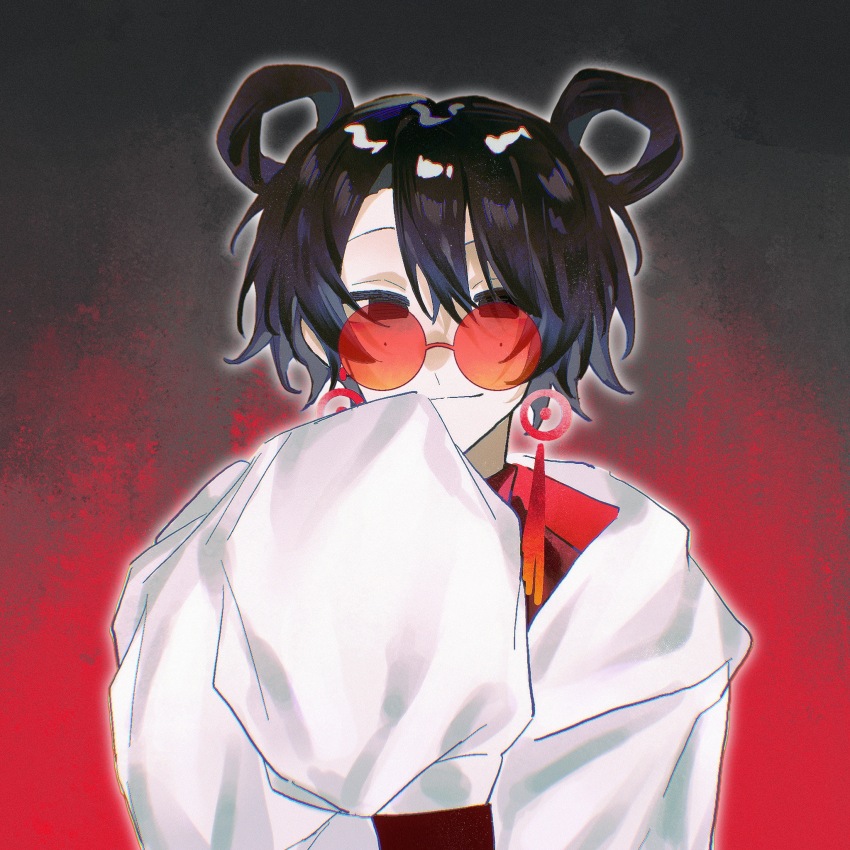 1girl, black_eyes, black_hair, chinese_commentary, closed_mouth, commentary_request, earrings, gudiao, hair_between_eyes, hair_rings, highres, hood, hood_down, hooded_jacket, jacket, jewelry, li_yuting_(female), long_sleeves, looking_at_viewer, mole, mole_under_each_eye, mole_under_eye, multiple_moles, open_clothes, open_jacket, red-framed_eyewear, red_sweater, round_eyewear, short_hair, sleeves_past_fingers, sleeves_past_wrists, smile, solo, sweater, tassel, tassel_earrings, touqi_guaitan, turtleneck, turtleneck_sweater, white_jacket