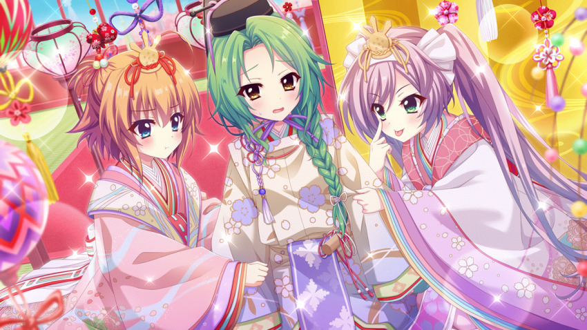 3girls, :t, akanbe, black_hat, blue_eyes, blurry, blurry_foreground, blush