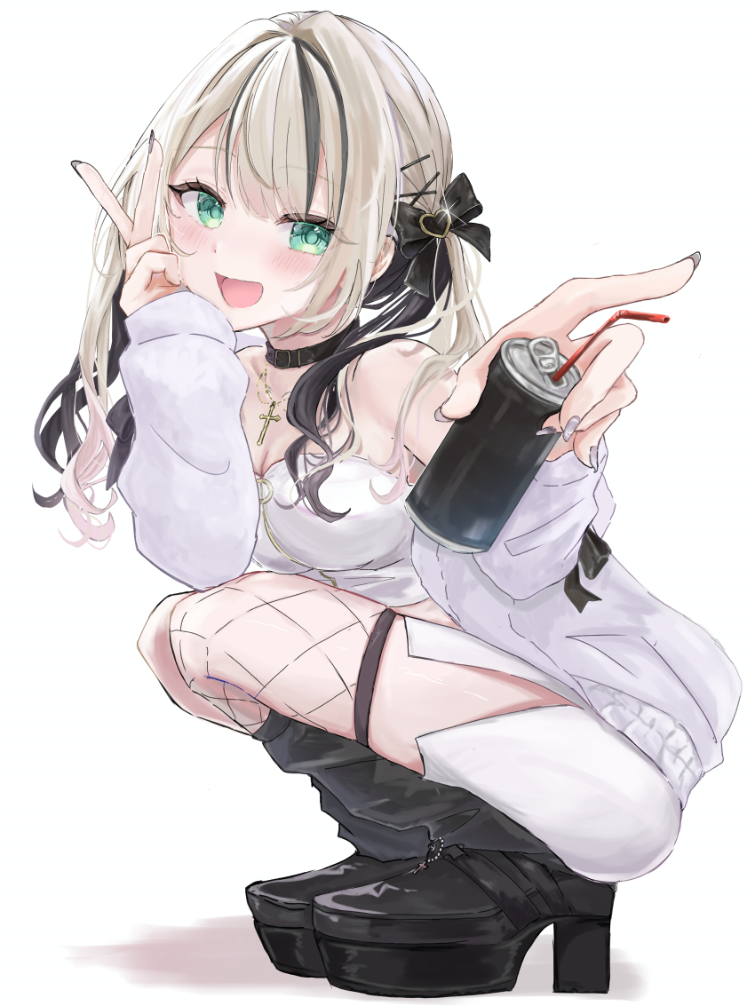 1girl, :d, absurdres, bare_shoulders, black_bow, black_collar, black_hair, black_shoes