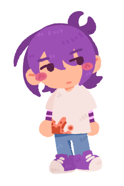 1girl, alternate_costume, antenna_hair, black_eyes, blood, blood_on_clothes, blush_stickers, chibi, chibi_only, chinese_commentary, closed_mouth, commentary_request, denim, expressionless, hakurei_choumu, jeans, jitome, layered_sleeves, long_sleeves, looking_to_the_side, pants, purple_hair, purple_shoes, purple_sleeves, shirt, shoes, short_hair, short_over_long_sleeves, short_sleeves, sneakers, solo, standing, striped_sleeves, t-shirt, transparent_background, utane_uta, utau, white_shirt, who_knows_(synthesizer_v)