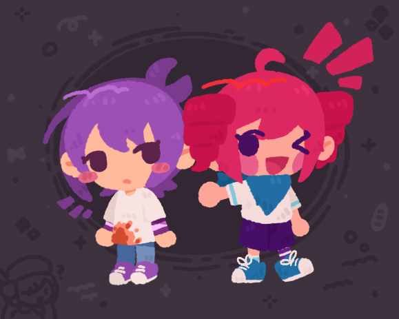 >_o, 3girls, alternate_costume, antenna_hair, bandana, blood, blood_on_clothes, blue_bandana, blue_footwear, blush_stickers, chibi, chibi_only, chinese_commentary, commentary_request, denim, drill_hair, full_body, hakurei_choumu, jeans, kasane_teto, layered_sleeves, long_sleeves, looking_at_another, looking_to_the_side, mismatched_socks, momone_momo, multiple_girls, notice_lines, one_eye_closed, open_mouth, pants, purple_background, purple_footwear, purple_hair, purple_sleeves, shirt, shoes, short_hair, short_over_long_sleeves, short_sleeves, side-by-side, smile, sneakers, standing, striped_sleeves, t-shirt, twin_drills, utane_uta, utau, white_shirt, who_knows_(synthesizer_v)