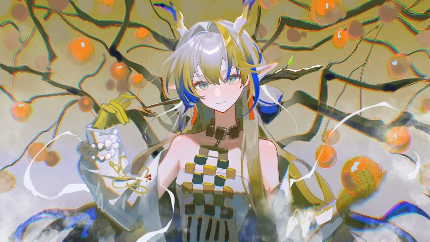 1girl, arknights, bare_shoulders, blonde_hair, blue_hair, chromatic_aberration, colored_skin, commentary