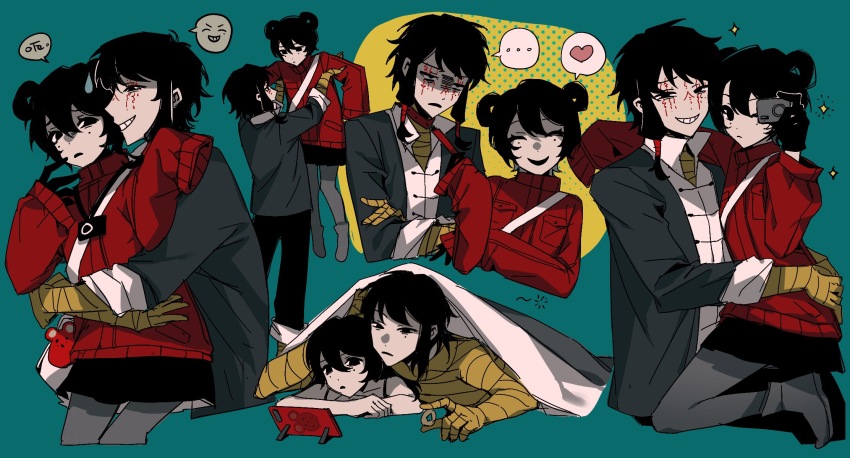 1boy, 1girl, aqua_background, black_gloves, black_hair, black_jacket, black_skirt, camera