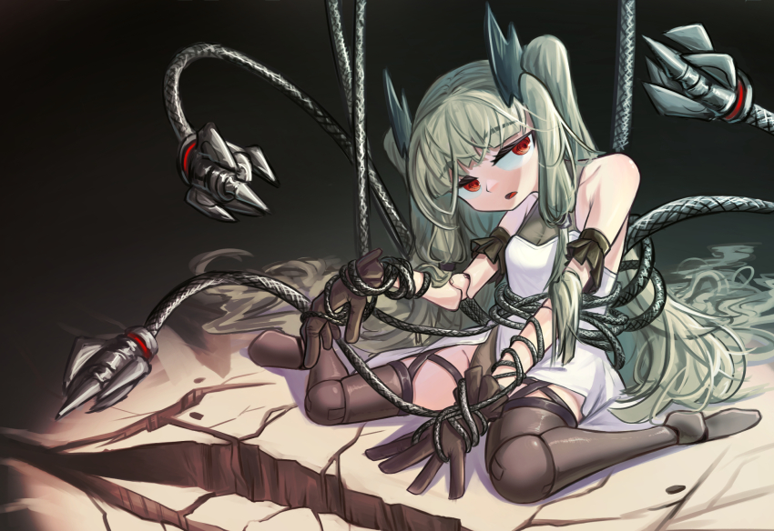 1girl, android, averting_eyes, bound, bound_arms, bound_wrists, breasts, brown_dust_(series)