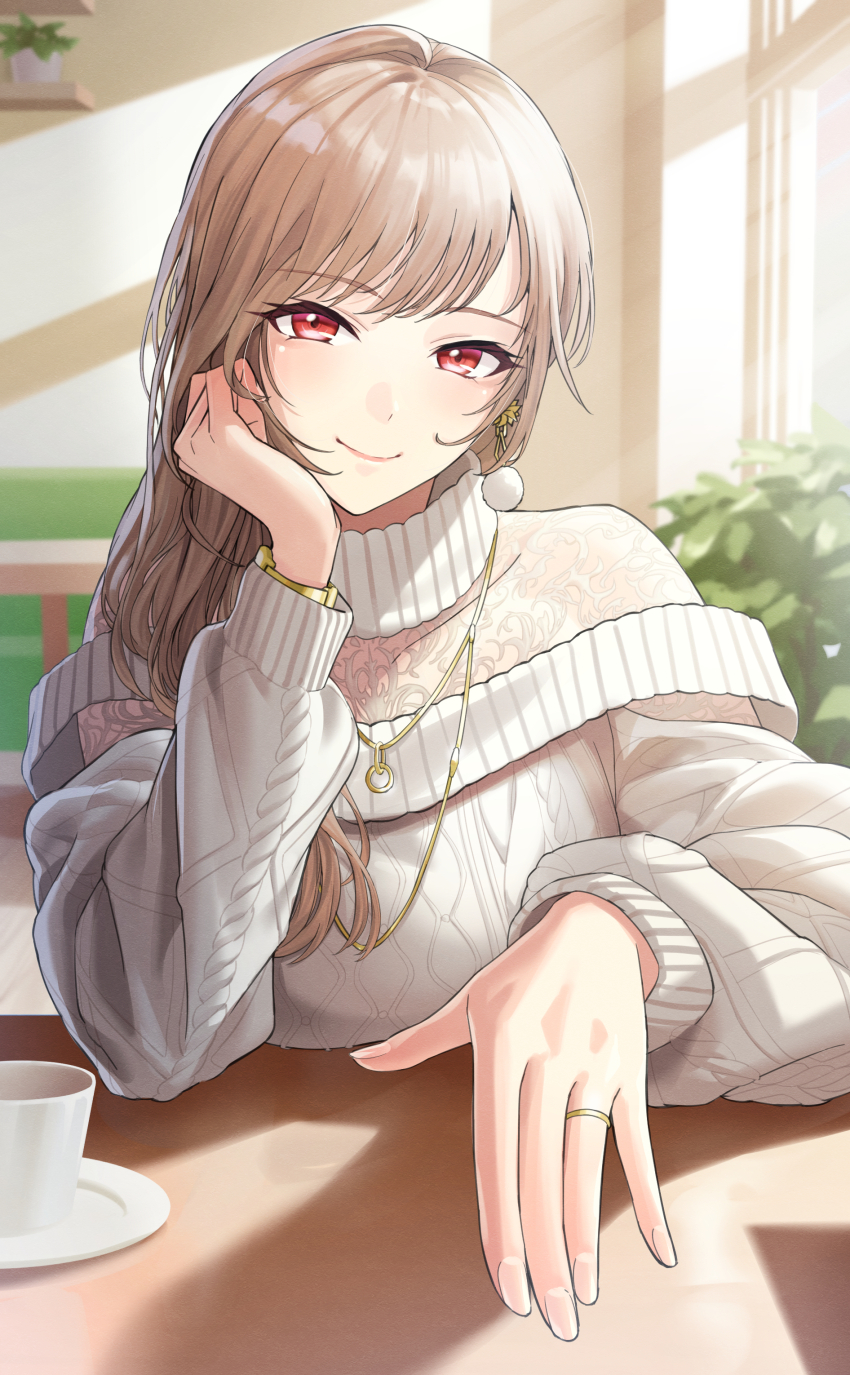 1girl, abe-chan, absurdres, aran_sweater, blush, bracelet, brown_hair, cable_knit, cup, earrings, furen_e_lustario, furen_e_lustario_(4th_costume), hand_on_own_face, highres, jewelry, lace, long_hair, long_sleeves, looking_at_viewer, necklace, nijisanji, plant, plate, pom_pom_(clothes), pom_pom_earrings, red_eyes, ring, solo, sweater, virtual_youtuber, white_sweater, window, window_shadow
