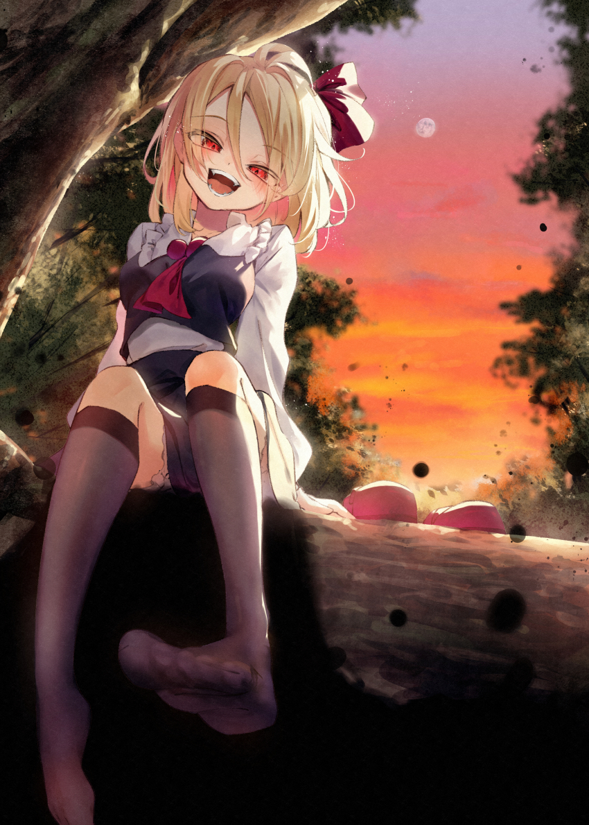 1girl, absurdres, arm_support, ascot, black_skirt, black_socks, blonde_hair, blush