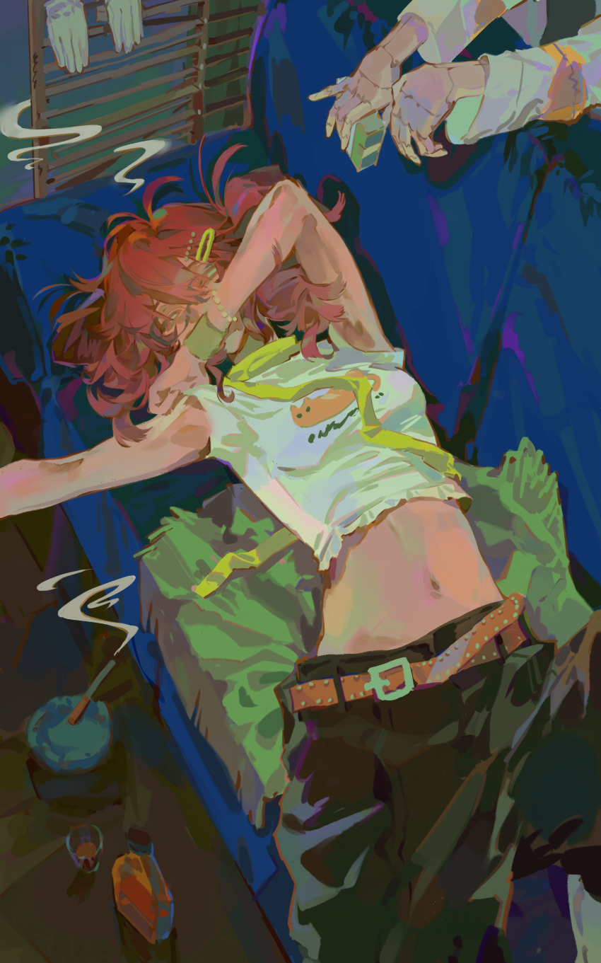 2girls, a.i._voice, absurdres, adachi_rei, alcohol, alternate_costume, android, ashtray, bead_bracelet, beads, bespectacled, bottle, bracelet, breasts, chinese_commentary, cigarette, cigarette_pack, commentary_request, couch, covering_own_mouth, cropped_shirt, drill_hair, from_above, glasses, gloves, hair_ornament, hairclip, half-closed_eyes, hand_over_own_mouth, highres, holding, holding_cigarette_pack, indoors, jewelry, joints, kasane_teto, liquor, long_sleeves, looking_to_the_side, lying, medium_hair, messy_hair, mr.cockroach, multiple_girls, on_back, on_couch, out_of_frame, outstretched_arm, photo-referenced, red_eyes, red_hair, robot_joints, scarf, shirt, small_breasts, smoke, solo_focus, twin_drills, unworn_gloves, utau, white_gloves, white_shirt, wristband, yellow_scarf