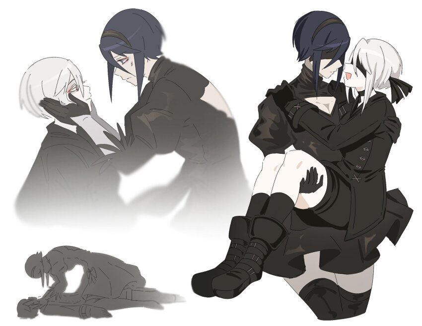 2b_(nier:automata), 2b_(nier:automata)_(cosplay), 2girls, 9s_(nier:automata), 9s_(nier:automata)_(cosplay), ariane_yeong, black_dress, black_gloves, black_jacket, black_shorts, blindfold, blue_eyes, carrying, cleavage_cutout, clothing_cutout, cosplay, covered_eyes, crossdressing, crossdressing_(ftm), dress, elster_(signalis), feather-trimmed_sleeves, floating, floating_object, floating_weapon, gloves, highres, jacket, juliet_sleeves, long_sleeves, multiple_girls, nier:automata, nier_(series), no_blindfold, princess_carry, puffy_sleeves, short_hair, shorts, signalis, smile, taostooo, yuri