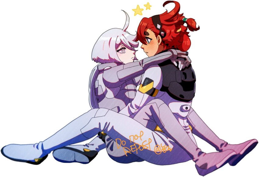 2girls, arms_around_neck, between_legs, black_hairband, blue_eyes, blush, bodysuit, closed_mouth