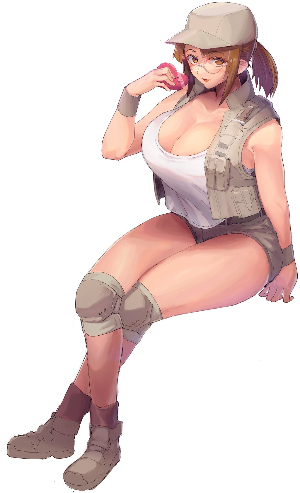 1girl, baseball_cap, belt, box, breasts, brown_belt, brown_eyes, brown_footwear