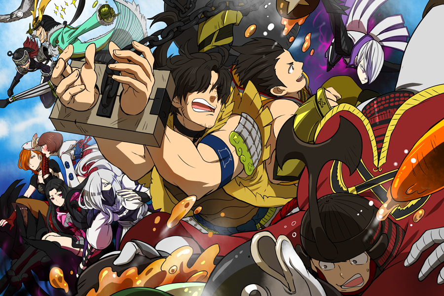 3girls, 6+boys, :d, akechi_mitsuhide_(sengoku_basara), armor, aura, bad_id, bad_pixiv_id