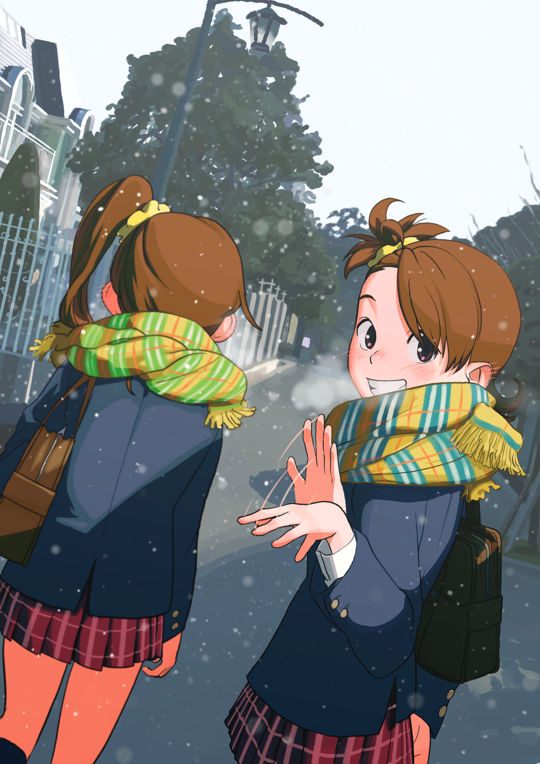 2girls, :d, bag, black_jacket, blush, brown_eyes, brown_hair, cold