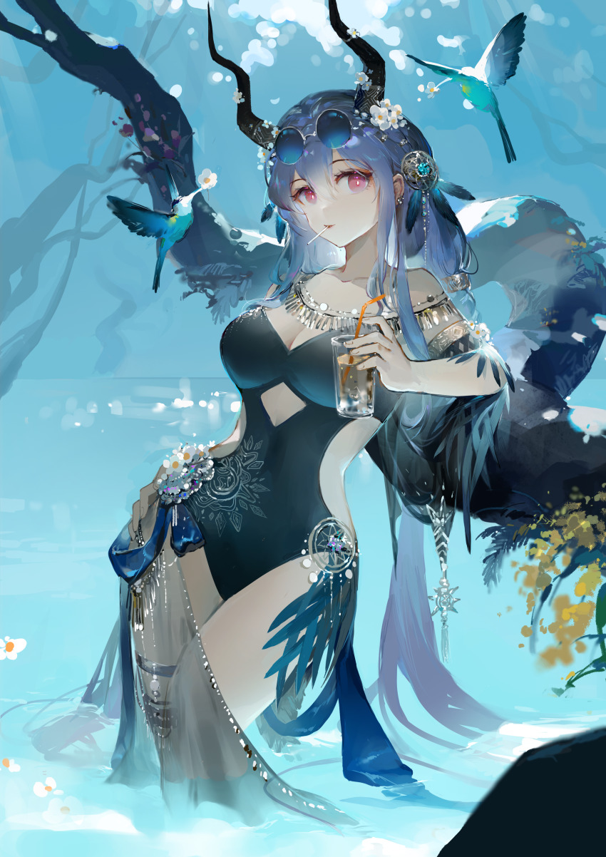 1girl, absurdres, against_tree, alternate_costume, arknights, armlet, bare_shoulders, bird