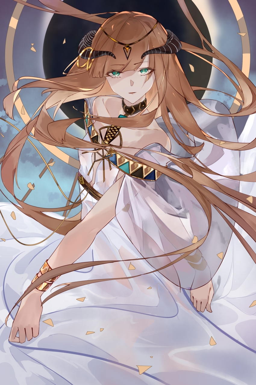 1girl, absurdres, arknights, bare_shoulders, black_horns, bracelet, brown_hair, curled_horns