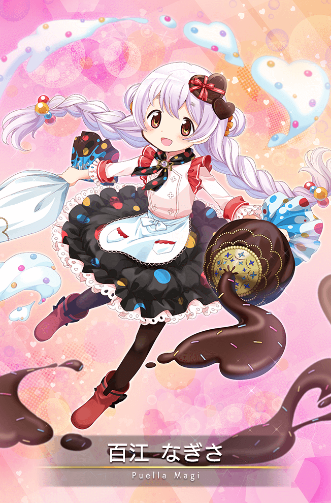 1girl, apron, black_neckerchief, black_pantyhose, black_skirt, boots, bow, braid, brown_eyes, bubble, buttons, candy, card_(medium), character_name, chocolate, chocolate_hair_ornament, chocolate_heart, chocolate_icing, circle_skirt, double-breasted, double_bun, dual_wielding, floating_clothes, floating_hair, flower-shaped_buttons, food, food-themed_hair_ornament, frilled_shirt, frilled_skirt, frilled_sleeves, frills, full_body, futene, game_cg, hair_bobbles, hair_bun, hair_ornament, hair_scrunchie, heart, heart_background, heart_hair_ornament, holding, holding_pipette, icing, lace-trimmed_apron, lace_trim, light_blush, long_hair, long_sleeves, looking_at_viewer, low_twin_braids, magia_record:_mahou_shoujo_madoka_magica_gaiden, magical_girl, mahou_shoujo_madoka_magica, mahou_shoujo_madoka_magica:_hangyaku_no_monogatari, miniskirt, momoe_nagisa, momoe_nagisa_(valentine_ver.), neckerchief, official_alternate_costume, official_art, open_mouth, orange_scrunchie, outstretched_arms, oversized_object, pantyhose, pink_background, pipette, pleated_skirt, pocket, polka_dot, polka_dot_neckerchief, polka_dot_skirt, red_boots, red_bow, scrunchie, shirt, skirt, smile, solo, sprinkles, twin_braids, very_long_hair, waist_apron, waist_bow, white_apron, white_bow, white_hair, white_shirt