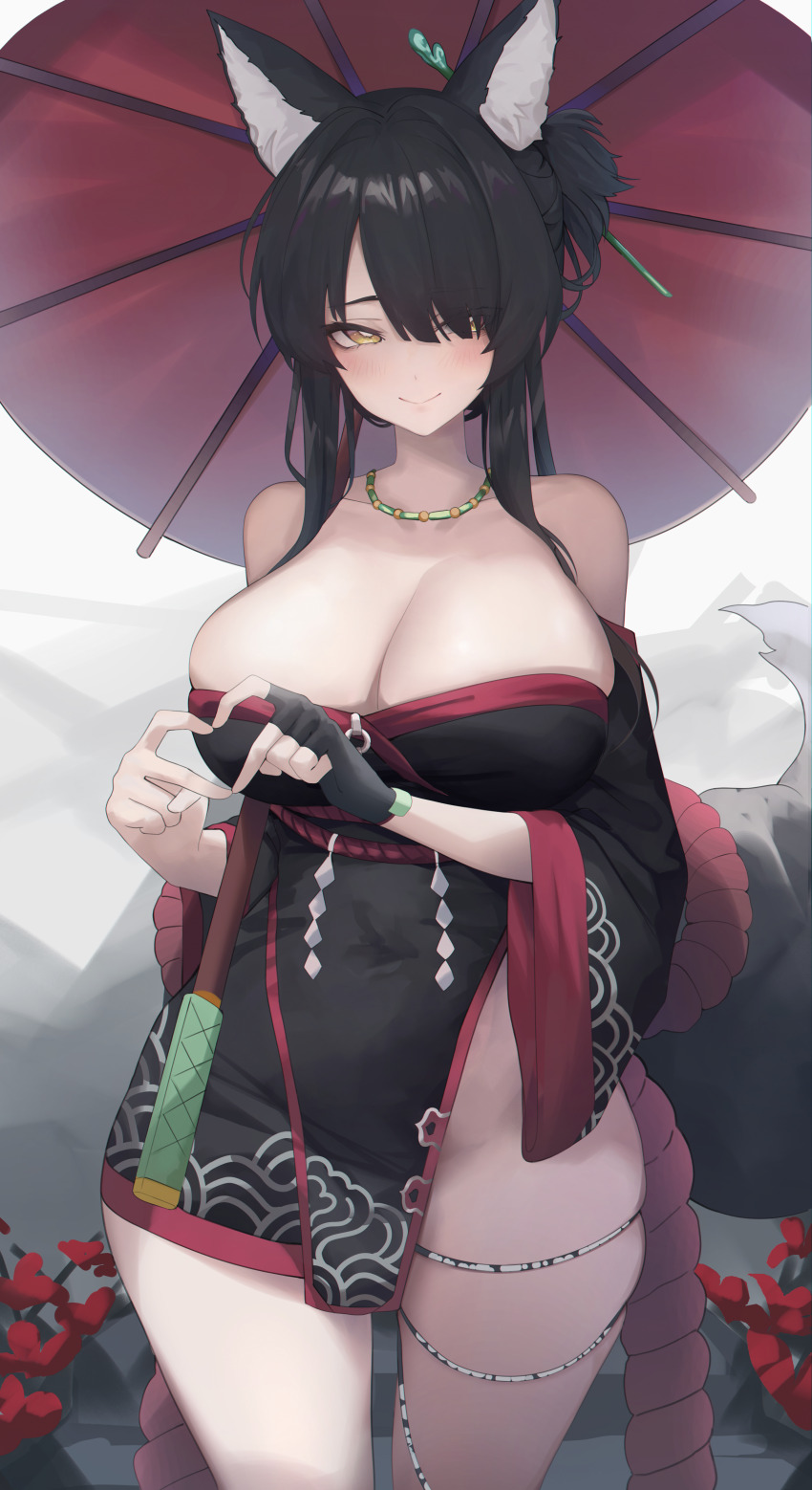 1girl, absurdres, animal_ears, bare_shoulders, black_gloves, black_hair, black_kimono, blush