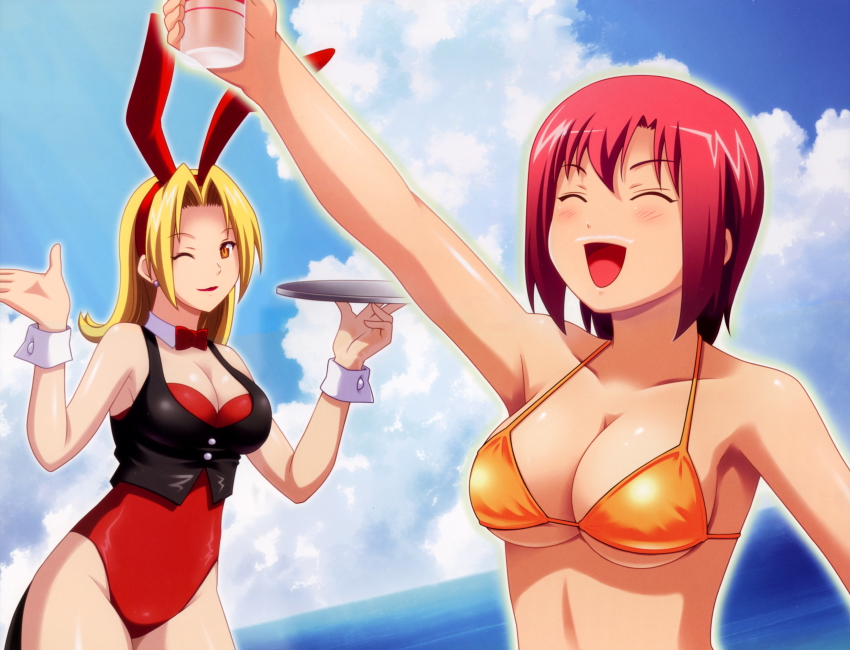 2girls, absurdres, animal_ears, bare_legs, bikini, blonde_hair, bottle, breasts