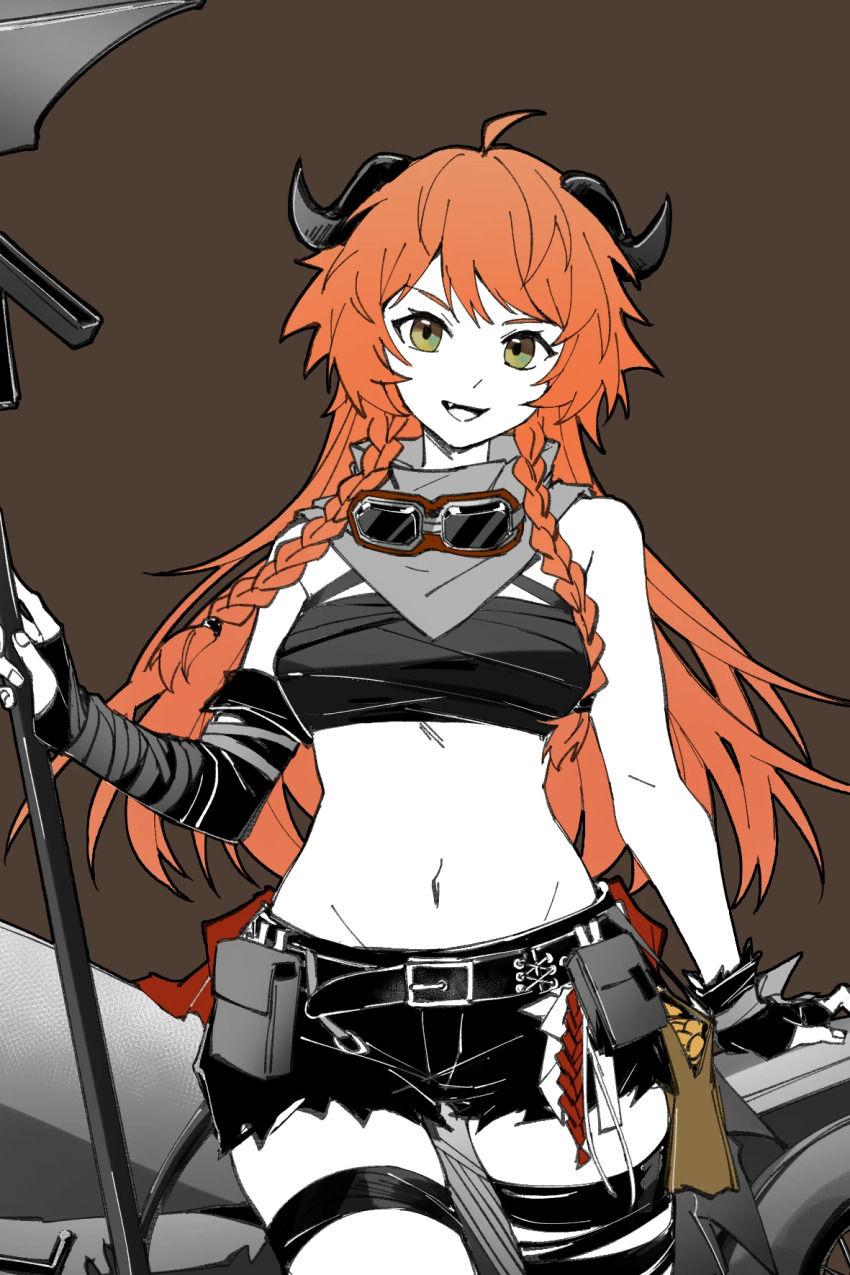 1girl, arknights, asymmetrical_gloves, bandeau, bare_shoulders, belt_buckle, braid, brown_background