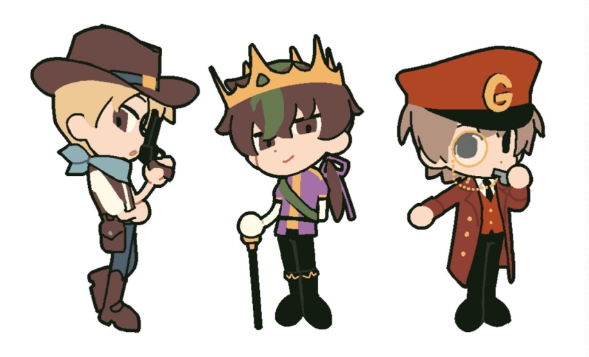 3boys, blonde_hair, brown_hair, chibi, chibi_only, chinese_commentary, commentary_request, cowboy_hat