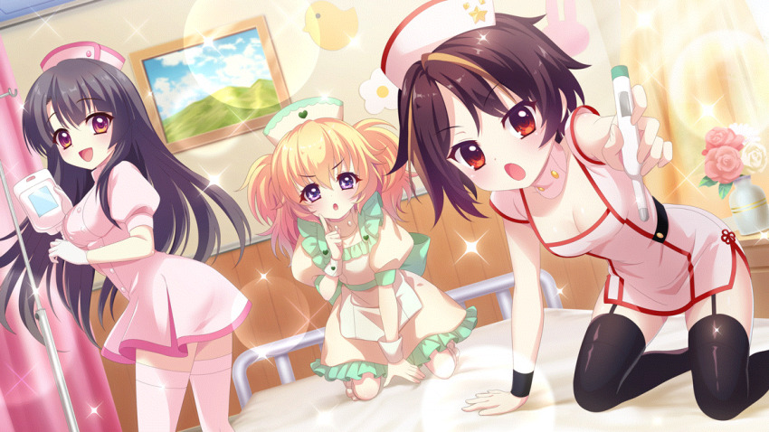 3girls, arm_support, bandou_mikuru, bed, between_legs, black_garter_straps, black_hair, black_thighhighs
