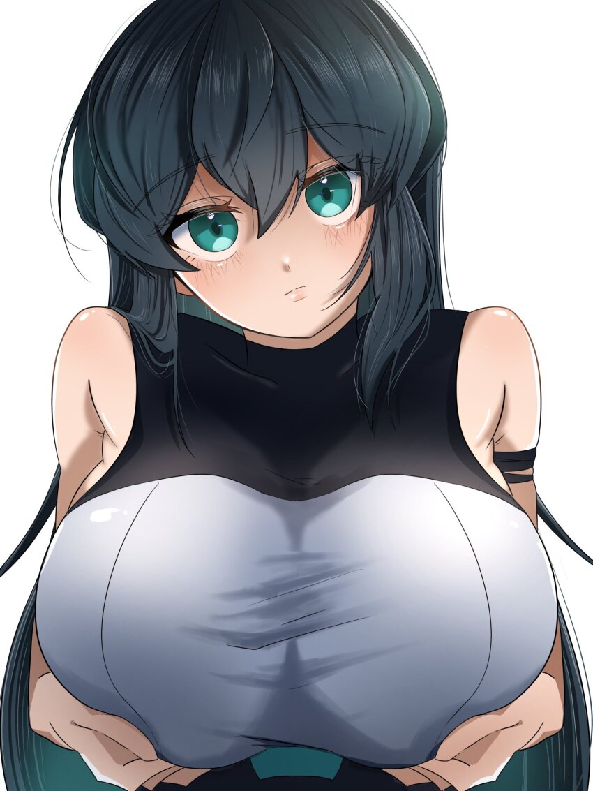 1girl, black_hair, breasts, colored_inner_hair, covered_collarbone, green_eyes, green_hair, grey_shirt, gundam, gundam_build_divers, gundam_build_divers_re:rise, head_tilt, highres, huge_breasts, juice_(jule_tyaojule), light_frown, long_hair, looking_at_viewer, may_(gundam_build_divers_re:rise), multicolored_hair, shirt, simple_background, sleeveless, sleeveless_shirt, solo, very_long_hair, white_background