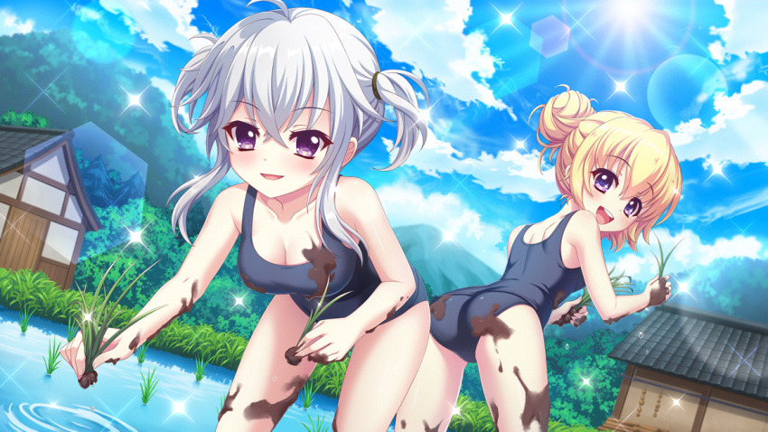 2girls, ahoge, alternate_hairstyle, architecture, ass, bent_over, blonde_hair, blue_one-piece_swimsuit