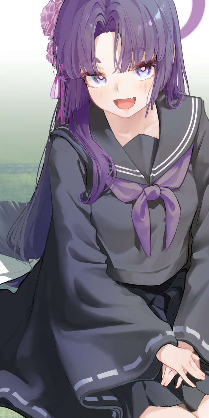 1girl, black_serafuku, blue_archive, blunt_ends, blush, commentary_request, fang, flower