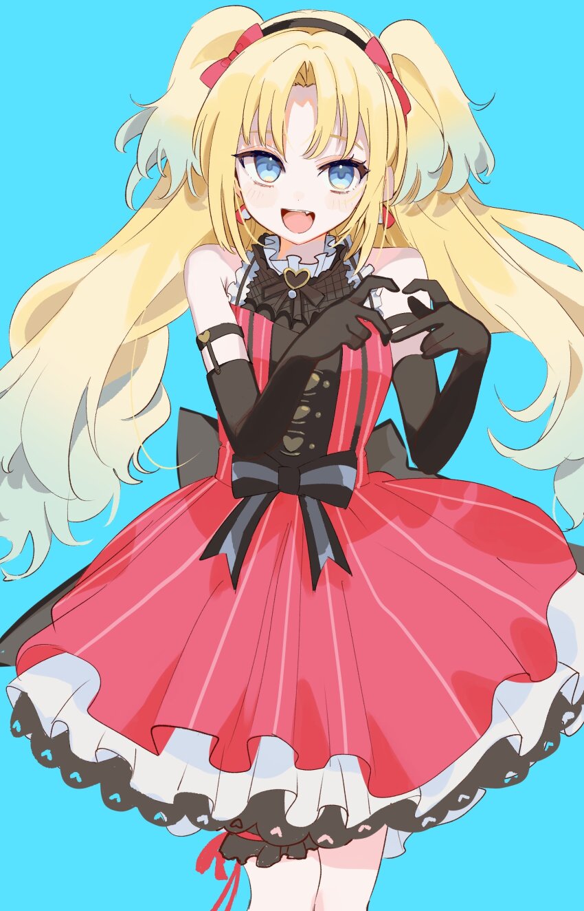 1girl, four-finger_heart_hands, :d, absurdres, arm_garter, black_gloves, black_hairband, blonde_hair