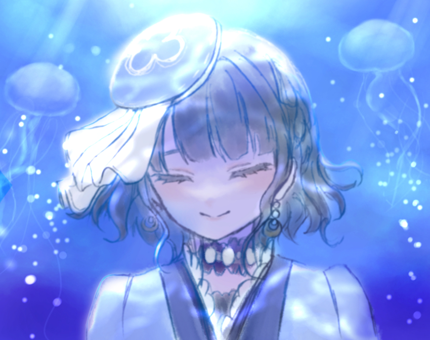 1girl, beret, black_hair, blue_hat, blue_kimono, blunt_bangs, braid, closed_eyes