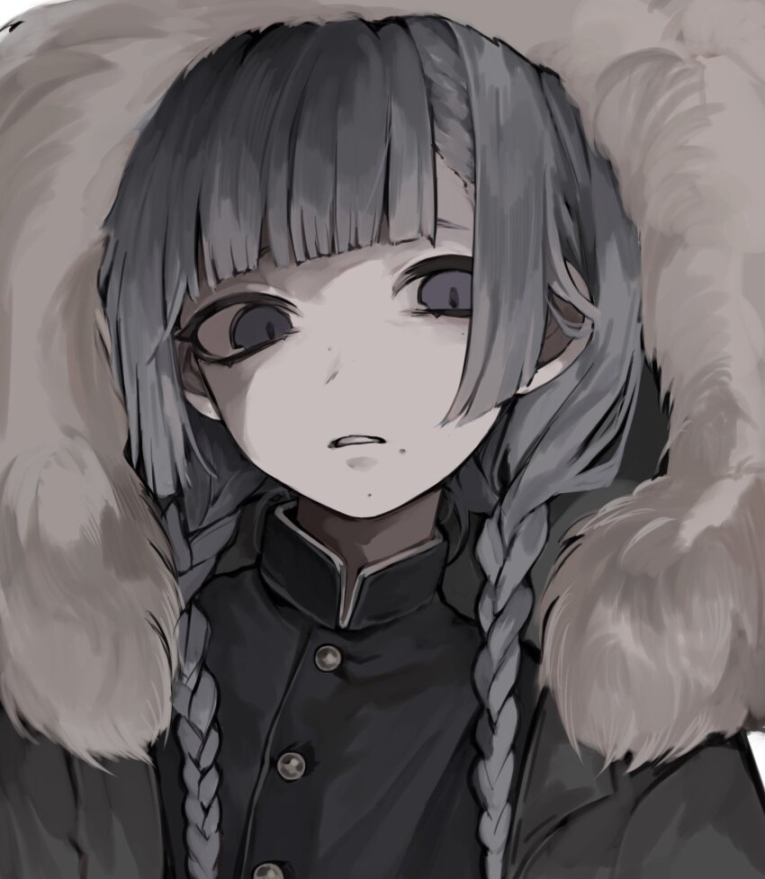 1girl, black_eyes, black_hair, black_jacket, blunt_bangs, braid, commentary_request, gakuran