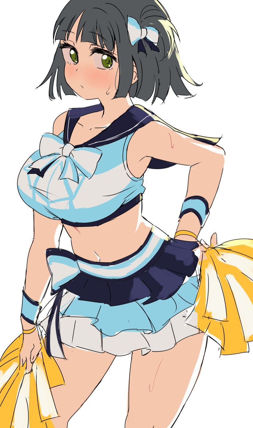 1girl, :/, absurdres, black_hair, blue_bow, blue_sailor_collar, blue_shirt, blue_skirt, blunt_bangs, blunt_ends, blush, bow, breasts, cheerleader, collarbone, commentary_request, contrapposto, cowboy_shot, cropped_shirt, ereka, frilled_skirt, frills, green_eyes, h.s.c.t._(love_live!), hair_bow, hand_on_own_hip, highres, holding, holding_pom_poms, large_breasts, layered_skirt, link!_like!_love_live!, looking_at_viewer, love_live!, midriff, miniskirt, momose_ginko, official_alternate_costume, one_side_up, pom_pom_(cheerleading), pom_poms, sailor_collar, sailor_shirt, shirt, short_hair, simple_background, skirt, sleeveless, sleeveless_shirt, solo, sweat, virtual_youtuber, white_background