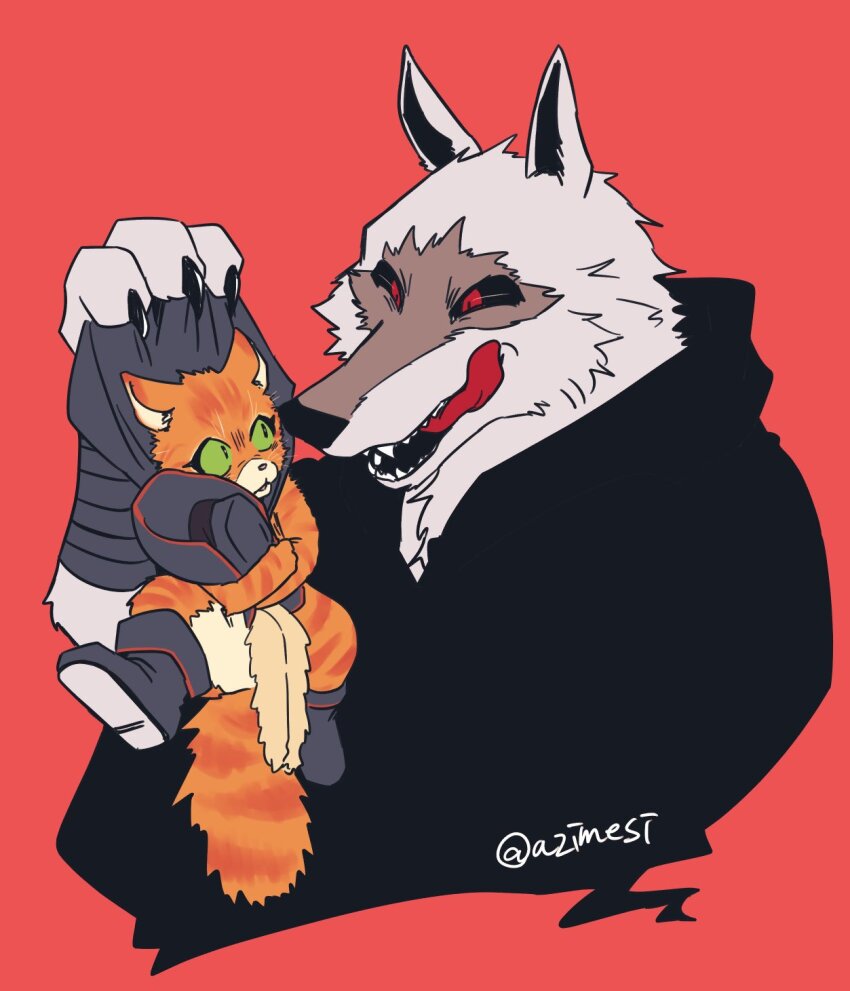 2boys, animal, azimesi, black_cape, black_sclera, boots, cape, cape_grab