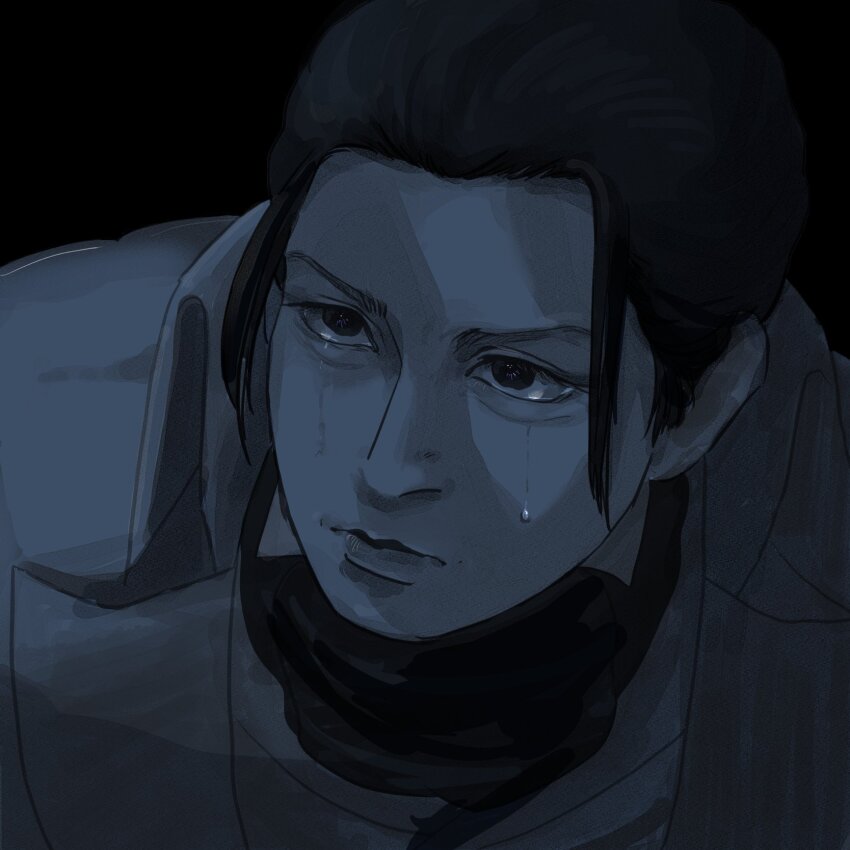 1boy, bags_under_eyes, black_background, black_hair, closed_mouth, crying, f_gbek, forehead, grey_jacket, heathcliff_(wuthering_heights), highres, jacket, lips, looking_ahead, male_focus, mature_male, monochrome, short_hair, solo, upper_body, wuthering_heights