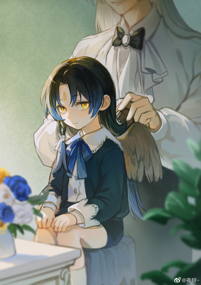 2boys, :|, absurdres, age_difference, aged_down, alternate_costume, ascot, bird_wings