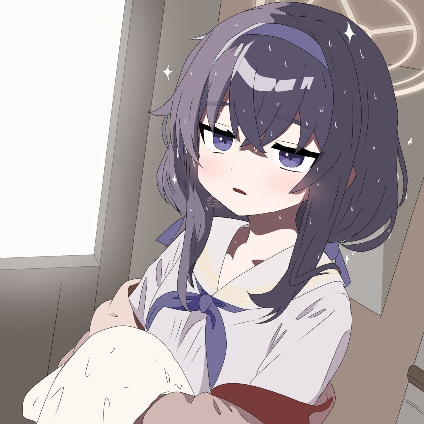 blue_archive, blue_neckerchief, hairband, halo, highres, neckerchief, off_shoulder, open_mouth